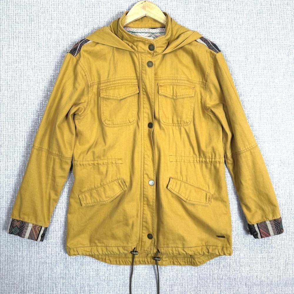 Roxy Hooded Anorak Jacket Drawstring Cargo Utility‎ Chore Aztec Accents Sz L Tan